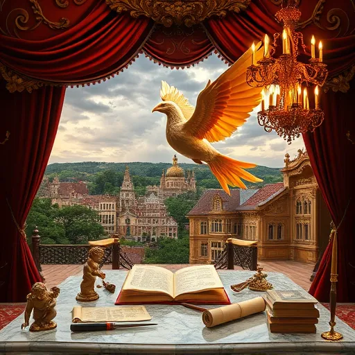 A detailed High Renaissance-style interior scene depicting a luxurious home remodeling process. The elegant room features an ornate ceiling fresco with floral and mythological motifs, reminiscent of Botticelli’s artistry. A partially restored gilded fireplace serves as the focal point, complemented by scaffolding and craftsmen in period-appropriate attire working intricately on wooden beams and moldings. Playful elements include whimsical tools like a floating paintbrush and a clockwork saw. Soft light streams through large arched windows with velvet curtains, illuminating textured stone walls and polished marble floors, creating a warm, inspiring ambiance. A small, mischievous cherub dressed in Renaissance clothing peeks from behind a drapery wielding a tiny mallet, adding a whimsical touch. In the background, a lush garden with detailed Renaissance flora—vines, roses, and ornamental topiaries—is visible through an open balcony door. The scene combines grandeur, craftsmanship, and playful creativity, symbolizing the harmony of tradition and innovation in home renovation.
