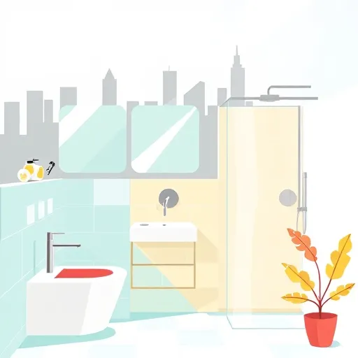 A vibrant, geometric abstraction-style blog cover image representing the top bathroom remodeling company in Jersey City, New Jersey. The composition features an abstract bathroom scene crafted from bold, interconnected geometric shapes, including angular tiles, sleek faucets, modern sinks, and minimalist shower silhouettes, all highlighted with crisp lines and layered planes. The color palette combines calming aquamarines, bright whites, radiant yellows, and subtle grays to evoke cleanliness and professionalism, accented with playful pops of coral for a quirky touch. In the background, simplified geometric silhouettes of Jersey City’s skyline subtly hint at the local setting. Flanking the central bathroom elements are whimsical details like robotic arm tools, abstract soap bubbles, and stylized plants with geometric leaves, adding personality and fun. Dynamic lighting with angular beams and highlights adds depth and energy, emphasizing innovation and modernity. The scene conveys a professional yet lively mood, showcasing quality craftsmanship and creative design suitable for a blog cover highlighting bathroom remodeling expertise with a blend of sophistication and quirky charm.