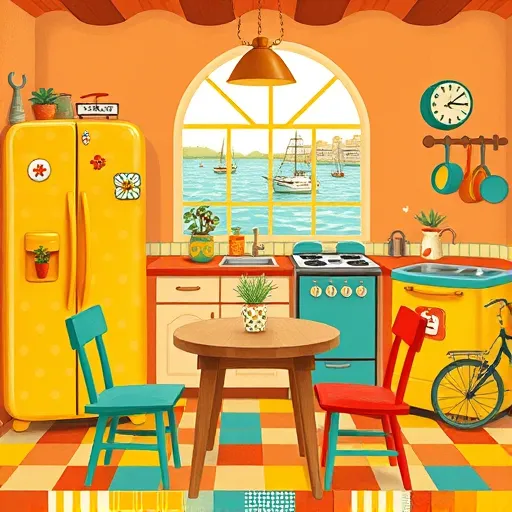 A vibrant Byzantine-style kitchen remodeling scene featuring rich jewel tones like deep golds, emerald greens, and royal blues. Ornate architectural elements include arched doorways, patterned tiles, and decorative motifs on cabinetry and countertops, highlighting craftsmanship. In the foreground, a detailed mosaic showcases traditional chef’s aprons, frying pans, spatulas, and measuring cups, interwoven with symbolic motifs such as olive branches and budding vines representing growth and renewal. Quirky features include an elaborate faucet resembling a Byzantine throne and a miniature mosaic oven with shimmering golden flames. The background displays an intricately patterned backsplash resembling illuminated manuscript pages, with swirling geometric designs and floral motifs, adding depth and richness. Soft lighting with Byzantine golden halos enhances the luxurious ambiance. Playful details like miniature mosaic utensils and a tiny crowned olive wreath atop a cabinet add whimsical charm. The scene exudes elegance, creativity, and timeless artistry, perfect for conveying professional, artistic, and whimsical kitchen remodeling.