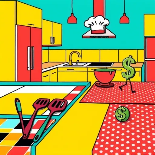 A vibrant PopArt-style illustration featuring a variety of colorful laminate countertops suitable for budget-friendly kitchens. The scene displays an array of sleek surfaces with bold, contrasting patterns, including geometric tiles, playful stripes, and polka dots, arranged like a lively market stall. Oversized kitchen tools such as spatulas and mixing bowls add a whimsical, energetic feel. The background shows a simplified kitchen setting with bright yellow, blue, and red cabinets and appliances against a turquoise wall. Quirky details include a tiny chef's hat atop a countertop and a cheerful cartoon-style dollar bill character celebrating affordability. The artwork uses bold black outlines, flat vivid colors, dotted patterns, exaggerated shadows, and comic-style dots typical of PopArt, creating a playful, eye-catching image perfect for a blog about stylish, cost-effective laminate solutions for kitchens.
