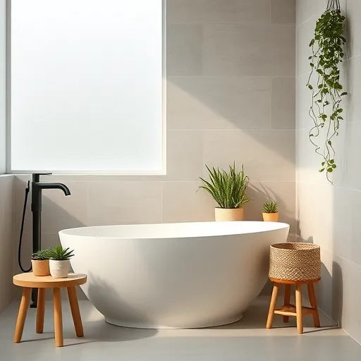 A vibrant, expressionist-style bathroom scene depicting a top Edgewater, New Jersey remodeling company's work. The image features a sleek, modern bathtub with exaggerated, curving lines, alongside a playful glass shower enclosure reflecting kaleidoscopic light. Oversized, shiny fixtures such as faucets and handles highlight high-quality craftsmanship. Whimsical touches include floating bubbles and tiny soap bars with cheerful faces, adding personality. The background showcases textured abstract walls resembling urban brick and water ripples, blending into a dynamic environment symbolizing Edgewater's lively spirit. Stylized potted plants with exaggerated leaves convey eco-friendliness. Warm lighting in deep blues, teals, and golden yellows creates an inviting atmosphere. Energetic brushstrokes and surreal elements—like steam curls rising from a minimal sink and a tiny sun shining through bathroom windows— emphasize creativity and innovation in bathroom renovation.