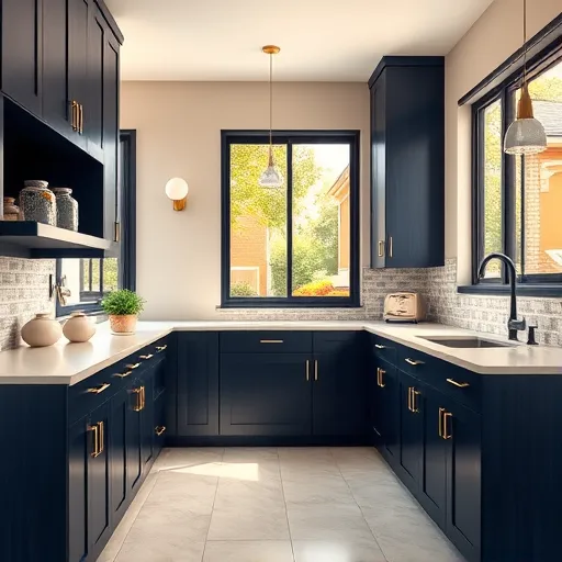 A highly detailed, realistic image of a modern kitchen in Englewood, New Jersey, showcasing the transformative effect of cabinet refacing. The kitchen features sleek, newly refaced cabinets painted in sophisticated matte navy blue with subtle wood grain textures. Polished brass hardware adorns the cabinets, adding elegance. Light neutral-toned quartz countertops contrast beautifully with the dark navy cabinets, complemented by a mosaic tile backsplash in shades of gray and white that provides depth and visual interest. To the side, a minimalist open shelving unit displays curated kitchen essentials, including vibrant ceramic jars, a small potted herb garden, and vintage glassware, adding personality. Large windows flood the space with natural daylight, highlighting the glossy finish of the cabinets and creating inviting reflections. The clean and organized environment offers a cozy yet lively atmosphere, perfect for family cooking. A colorful fruit bowl or retro toaster on the countertop introduces a playful touch. The scene emphasizes quality craftsmanship and aesthetic renewal, captured in a realistic art style with lifelike textures and harmonious color tones of navy, neutrals, and warm metallics, illustrating the charm of kitchen renovation in a vibrant New Jersey setting.
