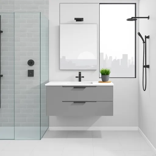 A sleek, minimalist bathroom scene highlighting contemporary regional design trends in Lyndhurst, New Jersey. The image features a modern floating vanity with handleless, soft gray cabinetry, a white countertop, and a subtly patterned tile backsplash inspired by Hudson River hues. To the side, a glass-enclosed shower with minimal hardware and a matte black showerhead adds sophistication. Quirky details include a tiny potted plant shaped like the New Jersey coastline on the vanity and a playful, abstract silhouette of the Manhattan skyline reflected in a mirror, symbolizing regional pride. The background shows a large window revealing a stylized skyline with faint hints of the Hudson River, rendered in calming pastel blues and muted earth tones. The overall atmosphere is calm, airy, and inviting, combining modern elegance with whimsical elements through minimalist design, simple shapes, a harmonious color palette, and intentional negative space, capturing Lyndhurst’s proximity to New York City.