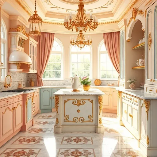 A luxurious Rococo-inspired kitchen featuring swirling gilded moldings, intricate floral motifs, and elegant curves throughout. The sunlit space showcases shimmering pastel-colored cabinetry in soft rose, baby blue, and creamy ivory, accented with gold leaf embellishments. Marble countertops with subtle veining complement decorative brass fixtures and vintage-style hanging lanterns with ornate filigree, casting a warm glow. A central island with carved vine and cherub details adds charm, while a detailed backsplash displays hand-painted porcelain tiles with fanciful floral patterns and tiny whimsical creatures like fairies and rabbits hidden among the blossoms. The polished marble floor features elaborate swirling inlay patterns, and arched windows draped with embroidered fabrics let in golden sunlight, creating a cheerful, opulent atmosphere. Ornate culinary utensils and porcelain teapots with swirling motifs adorn shelves, enhancing the playful, eccentric character of this fantastical, elegant kitchen design—perfect for capturing lavish, whimsical elegance in a blog feature.