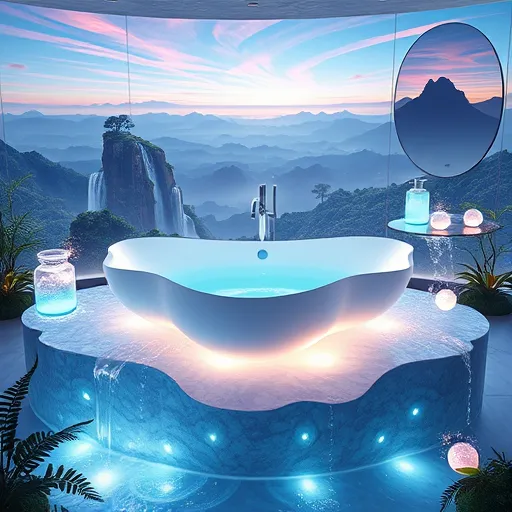 A surreal, dreamlike spa bathroom featuring an ultra-modern floating lotus-shaped bathtub with iridescent soap bubbles, surrounded by cascading waterfalls that twist through the air and dissolve into mist. Elegant, organic quartz countertops with botanical motifs such as ferns, moss, and vines create a lush atmosphere. Floating orbs and bioluminescent plants cast shifting blue and purple glows, enhancing the tranquil, mystical mood. Quirky details include levitating glass jars filled with luminous bath salts emitting sparks and soap dispensers shaped like playful creatures, such as whales or turtles. A mirror above the vanity reflects a swirling cosmic pattern, hinting at metaphysical transformation. The background depicts a surreal landscape with floating islands, waterfalls into pools, and luminous mountain ranges under a pastel twilight sky. The scene blends indoor comfort with fantastical outdoor elements, rendered in a pastel and jewel tone palette—soft blues, lavenders, mint greens, and silvers—evoking a serene, enchanted sanctuary of relaxation and rejuvenation.