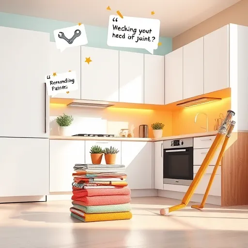 A sleek, modern illustration of a professional kitchen undergoing renovation, designed in an elegant Art Deco style with bold geometric shapes and streamlined lines. The scene features polished copper, black, and deep emerald green accents to evoke sophistication and freshness, highlighted by subtle gold touches for a luxurious feel. In the foreground, stylized tools such as a vintage-inspired wrench, measuring tape, and paintbrush are arranged in an artistic, dance-like composition representing craftsmanship and transformation. The background displays a stylized kitchen layout with glossy countertops, Art Deco patterned tiles in muted gold and teal, and minimalistic shelving neatly holding pots, utensils, and designer pendant lamps with geometric glass shades. A whimsical clock with stylized numerals and a small sprouting plant in a vase add personality and charm. The environment suggests a busy yet organized workspace, with playful details like a tilted cutting board and quirky oven mitts enhancing the lively atmosphere. Large rounded windows frame an industrial cityscape of Edgewater, New Jersey, featuring Art Deco-inspired buildings and stylized clouds, reflecting the vibrant, professional, and creative spirit of stylish kitchen renovations in New Jersey.