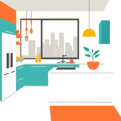 A vibrant abstract illustration of a modern kitchen remodel in Bauhaus style. The image features stylized kitchen elements such as sleek, geometric cabinets, a contemporary island, and colorful countertops with bold, clean lines and minimal detail. The color palette includes warm terracotta oranges, cool teal blues, and muted mustard yellows, complemented by neutral white and charcoal gray tones to create contrast. Playful details like floating utensils with exaggerated curves, whimsical patterned cabinetry, and a stylized blocky plant on the counter add personality and humor. In the background, a simplified cityscape silhouette seen through a window suggests an urban setting. The overall composition conveys energy, creativity, and modern minimalism, making it ideal for a blog cover on kitchen remodeling ideas inspired by Bauhaus design principles.