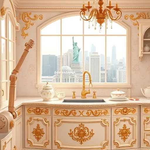An elegant Rococo-inspired kitchen scene illustrating affordable remodeling in Hudson County, New Jersey. The lavish, ornate cabinetry features intricate gilded moldings, rocaille curves, and delicate floral motifs in soft pastel colors such as blush pinks, creamy ivories, and touches of gold. The gleaming countertop displays charming vintage kitchenware, including ornate teapots, delicate porcelain plates, and gilded utensils, emphasizing affordable elegance. A whimsical, tiny robotic arm with clockwork details is transforming the countertop into a Rococo masterpiece, blending old-world charm with modern ingenuity. In the background, a panoramic window frames the Hudson County skyline with the Statue of Liberty visible, rendered in flowing Rococo lines. The scene is decorated with swirling wallpaper patterns and a chandelier with scrolling arms and dangling crystals, creating a cozy, opulent atmosphere. Playful yet sophisticated, the image suggests that luxurious kitchen upgrades can be achieved on a budget, highlighting creative, cost-effective design solutions with a touch of quirky personality and a lush, harmonious color palette.