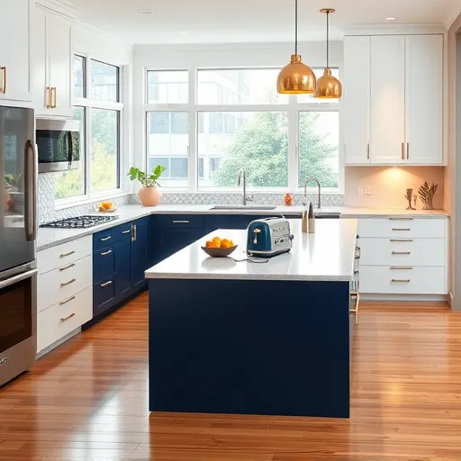 A modern, open-concept kitchen featuring glossy white and navy blue cabinetry with gleaming brass hardware. The spacious layout centers around a large island with a polished marble countertop displaying subtle veining, decorated with a vintage toaster and a colorful citrus fruit bowl. Reflective stainless steel appliances hang beneath ambient pendant lights with whimsical shapes. Large windows provide natural sunlight and views of lush greenery outside, illuminating textured countertops and a mosaic tile backsplash with playful geometric patterns. Subtle tools of craftsmanship, such as a digital tablet with blueprints, a paintbrush, and a woodworking planer, are seamlessly integrated into the scene. Warm-toned hardwood flooring contrasts with the cool hues of the countertops, while a small indoor herb garden adds fresh greenery. A faint cityscape view of Secaucus, New Jersey, is visible through the windows, hinting at the neighborhood setting. The overall atmosphere is calming, professional, and creative, enhanced by colorful accents and lively details, rendered in photorealistic style highlighting crisp whites, deep navy blues, warm brass tones, natural wood, and cheerful citrus and leafy greens.