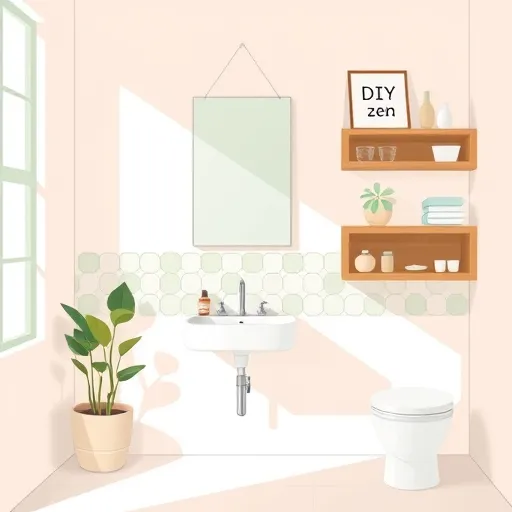 A minimalist bathroom scene showcasing budget-friendly DIY renovations with clean lines and geometric shapes. Features include a compact sink, a modest shower area, and a handmade tile backsplash created from painted plywood and colorful adhesive tiles. Reused jars serve as holders for toiletries, adding eco-friendly touches. The color palette includes soft mint green, pale blush pink, and gentle beige, creating a calm and inviting atmosphere. The background highlights a streamlined wall with subtle textured paint or wallpaper in modern patterns, and open shelves made from reclaimed wood provide clever storage solutions. A whimsical potted plant crafted from upcycled containers leans against the wall, and a small hand-painted sign reading “DIY Zen” hangs above a mirror, emphasizing a playful, creative vibe. Natural light gently illuminates the scene, enhancing the cozy yet functional environment. The art style is minimalistic, with crisp outlines and flat color areas that emphasize form and color, capturing the essence of affordable, DIY bathroom upgrades with a charming and optimistic feel.