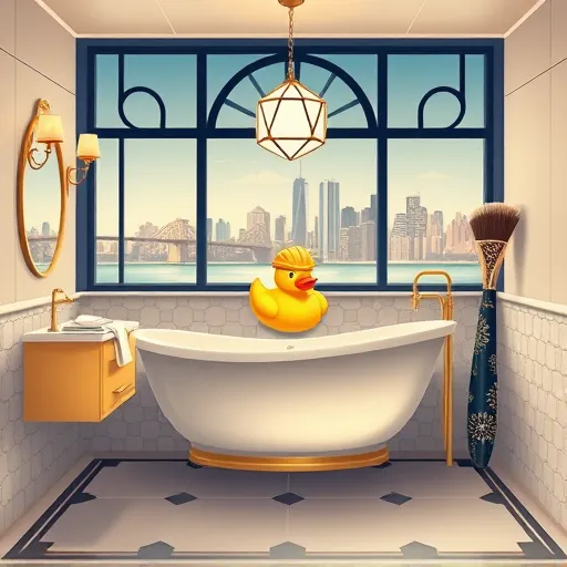An elegant Art Deco-inspired illustration of a luxurious bathroom in Edgewater, New Jersey, featuring geometric tile patterns on the floor and walls, a vintage-style vanity with sleek curves and gold accents, and warm lighting from sconces and a geometric chandelier. Playful details include a rubber duck in a tiny hard hat sitting on a modern bathtub and oversized decorative brushes with Art Deco motifs leaning against the wall. The background showcases a panoramic window with a stylized view of the Manhattan skyline across the Hudson River, framed by subtle Art Deco designs. The color palette includes rich golds, deep navy blues, emerald greens, and creamy whites, blending luxury and playful charm—perfect for showcasing local bathroom renovation packages with style and confidence.
