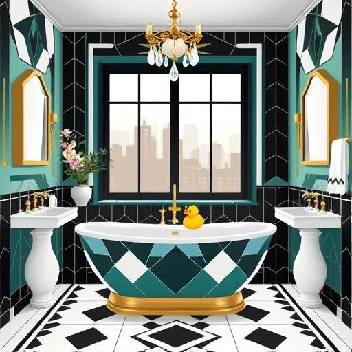 A sophisticated Art Deco-style illustration of a modern luxury bathroom in Union City, New Jersey. The bathroom features geometric patterned tiles in bold black, white, and teal, with a vintage-inspired gold-toned bathtub adorned with playful details like a rubber duck. Elegant, angular vanity mirrors with gold accents flank the space, complemented by streamlined faucet fixtures and ceramic vases with stylized urban foliage. An ornate crystal chandelier overhead casts a warm glow, enhancing the glamorous atmosphere. The scene includes a window showcasing Union City’s skyline with rooftops and city architecture visible through frosted glass panels, blending urban charm with contemporary elegance. Decorative touches such as a zigzag-patterned towel rack, a geometric soap dish, and subtle color accents of deep emerald, soft blush, and pale gray contribute to a refined, modern aesthetic. The overall mood is chic and timeless, reflecting regional design trends with a blend of city sophistication and Art Deco luxury.