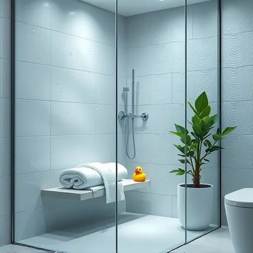 A hyperrealistic image of a modern, minimalist bathroom showcasing sleek glass shower doors and enclosures. The large, frameless glass panels are highly detailed, transparent, and reflective, with water droplets and delicate steam rising from a hidden thermal source. Inside the shower, plush towels and elegant toiletries are subtly visible, emphasizing comfort and luxury. The scene features calming tones of soft blues, whites, and grays, creating a serene atmosphere. A textured tiled wall resembling natural stone and a lush green potted plant add depth and warmth. A bright yellow rubber duck peeks from behind the glass, adding a playful, whimsical touch. High-detail steam swirls and tiny water splashes enhance the hyperrealism, capturing the tactile qualities of cool glass, warm steam, and soft textures within an elegant, tranquil bathroom setting.