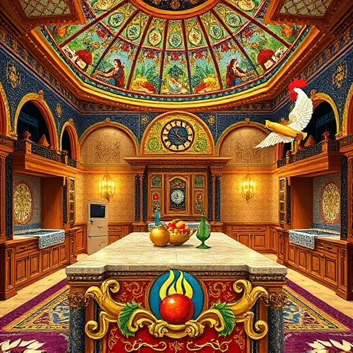 A vibrant Byzantine-style mosaic depicting a grand, symmetrical kitchen scene. Ornate gilded cabinetry with sweeping arches accented by gold leaf details frame the setting. Rich blue, deep red, and warm gold tile patterns create a regal atmosphere. The central stone countertop, decorated with motifs of cooking utensils, pomegranates, and vines, symbolizes abundance and creativity. Flanking the countertop are stylized, geometric kitchenware such as rolling pins, brass pots, and flame symbols, showcasing elaborate Byzantine ornamentation. Playful, winged cherubs hover nearby, holding scrolls with stylized recipes, adding whimsical charm. The background features a grand domed ceiling with intricate mosaics illustrating harvest and feast scenes, framed by lush scrolling foliage. Soft, luminous lighting comes from hanging oil lamps with detailed filigree, casting a warm glow. A Byzantine-inspired rooster clock with jewel-toned tiles crowns one corner, adding a playful touch. The overall mood blends majesty with warmth and humor, emphasizing Byzantine artistry, intricate linework, and rich, saturated colors to create a captivating visual narrative celebrating legendary kitchen design.