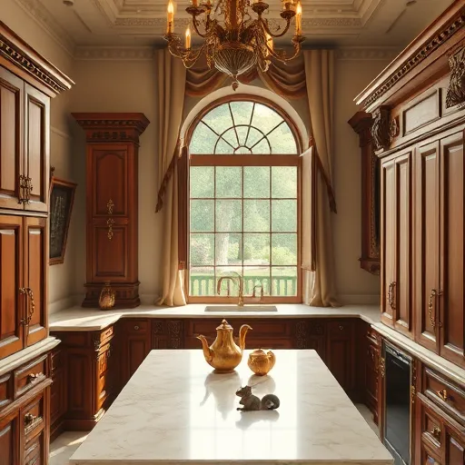 A high Renaissance-style illustration of an elegant, sophisticated kitchen featuring 400mm-deep wooden cabinetry with intricate carvings, ornate moldings, and polished brass handles. The scene centers around a marble countertop adorned with subtle floral motifs and scrollwork, exemplifying classical craftsmanship. Warm, soft lighting from an ornate chandelier creates gentle highlights and shadows, emphasizing the richness and grandeur of the space. In the background, a grand arched window with flowing drapes reveals a lush Renaissance garden, blending natural beauty with interior opulence. Charming details include a vintage teapot on a corner shelf and a carved squirrel figure into the woodwork, adding playful character. The color palette consists of warm golds, deep browns, creamy beiges, accented by muted greens and soft reds, conveying timeless elegance, regal ambiance, and a touch of whimsy. The highly detailed textures and luminous glow evoke classic Renaissance artistry, making this a captivating visual celebrating craftsmanship and refined design.