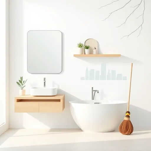 A minimalist, contemporary bathroom interior depicted against a clean backdrop representing Summit, New Jersey. The scene features sleek, modern fixtures including a floating sink with a geometric mirror above and a freestanding bathtub with smooth, elegant curves. Minimalist shelving displays curated decorative items such as small potted plants, vintage soap dispensers, and a playful rubber duck. The color palette consists of soft neutrals accented with muted teal and warm beige, creating a calming and professional atmosphere. Abstract outlines of tree branches and rooftops subtly suggest suburban charm, while a whimsical detail—a stylized mop shaped like a tiny wizard’s wand—adds personality without overwhelming the space. Natural, diffuse lighting enhances the tranquil mood, with gentle shadows emphasizing the clean, modern design. Overall, the composition exudes sophistication, approachable charm, and quality, inviting viewers to explore local bathroom renovation services in Summit, New Jersey.