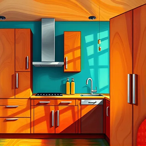 A vibrant, expressive illustration of modern engineered wood kitchen cabinets depicted in the style of Expressionism, featuring bold, swirling brushstrokes. The scene showcases sleek, slightly exaggerated cabinet shapes with textured surfaces reflecting a warm color palette of deep mahogany, burnt orange, and golden-yellow highlights, creating an inviting atmosphere. Playful abstract patterns suggest wood grain, complemented by whimsical handles shaped like animals and geometric floating shapes that add personality. The background hints at a lively kitchen environment with dynamic, exaggerated lines and contrasting teal or aqua walls, enhancing the energetic vibe. Light emphasizes the textured surfaces, conveying craftsmanship and artistic flair. Overall, the image combines professionalism with playful charm, showcasing engineered wood cabinetry in a colorful, imaginative setting full of warmth, innovation, and quirky details.