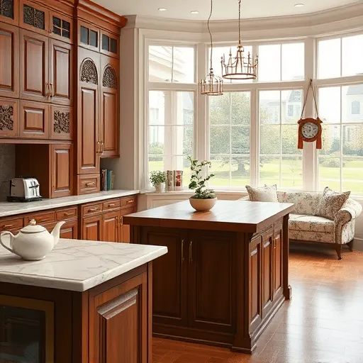 A highly detailed realistic image of custom luxury kitchen cabinets in Tenafly, New Jersey, featuring elegant bespoke wooden cabinets with intricate carvings and warm walnut finishes. The cabinets are accented by subtle brass handles, illuminated by soft natural daylight from large muntined windows overlooking a suburban neighborhood. The polished marble countertops with delicate veining hold a vintage-inspired tea set and a small potted herb garden. A modern kitchen island with a butcher block extension is topped with a vintage-style toaster and a whimsical ceramic fruit bowl filled with colorful produce. In the background, a cozy breakfast nook with floral upholstery and a friendly cat curled on the windowsill adds charm. The scene includes a hanging copper pot rack, a retro clock, and open shelves displaying artisanal jars and cookbooks, emphasizing a love for cooking. Warm earthy tones, soft neutrals, and pastel highlights create a cozy, sophisticated atmosphere, while soft lighting enhances the rich wood grains and shiny surfaces, evoking a sense of timeless elegance and inviting comfort typical of high-end kitchen design in Tenafly.