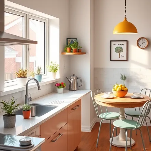 A vibrant PopArt-inspired illustration of an eco-friendly kitchen remodel in Fort Lee, New Jersey. The modern kitchen features sleek, angular cabinets in bold colors like emerald green, sunny yellow, and white, with playful comic strip-style patterns. Quirky appliances include a smiling refrigerator with exaggerated handles, a faucet with flower-shaped water streams, and a stove with oversized cartoonish knobs. Above the counter, stylized icons of sustainability such as leafy green symbols, solar panels with radiant rays, and wind turbines with whimsical swirls float in the air, emphasizing eco-consciousness. The background depicts a colorful cityscape of Fort Lee with pastel-colored buildings beneath a bright, sunny sky dotted with fluffy clouds. The scene is lively and energetic, with halftone dots, bold outlines, swirling recycling symbols, and plant motifs integrated into the design, creating a playful, optimistic atmosphere that celebrates innovative, eco-friendly kitchen remodeling with a quirky and creative flair.