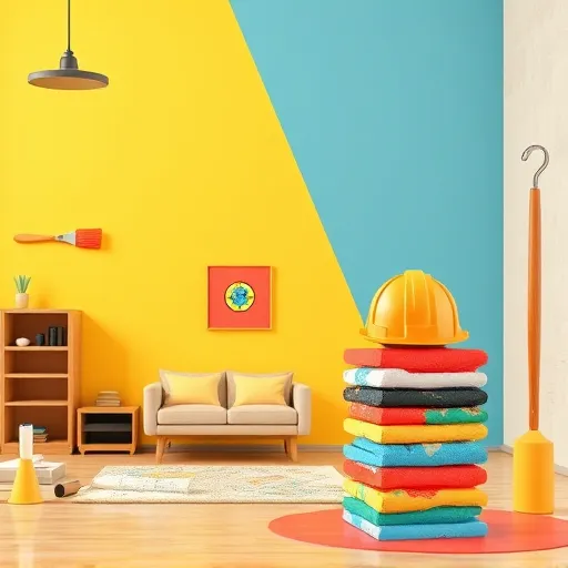 An abstract, colorful blog cover illustration in a ColorFieldPainting style showcasing the world of home remodeling contractors. The scene features bold, geometric shapes representing tools like a hammer, wrench, paintbrush, and blueprint floating against a backdrop blending interior and exterior home environments. The left side depicts a cozy living room with textured surfaces, while the right side shows a vibrant house facade undergoing renovation. Soft hues of warm yellow, calming blue, and earthy terracotta create an inviting, professional atmosphere with a touch of creativity. Quirky details include a cartoonish paint roller splattering pastel colors and a stylized construction helmet atop multicolored tiles. The composition emphasizes large color planes with subtle textures, highlighting craftsmanship and transformation—ideal for a dynamic, engaging home remodeling blog cover.
