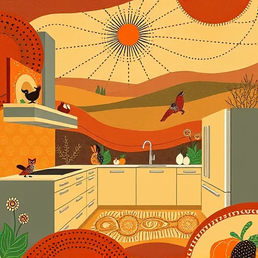 A detailed illustration of a modern kitchen floor installation scene featuring Art Deco-inspired geometric tile patterns in gold, black, and emerald green. The scene shows vintage-style tools such as rubber mallets, decorative measuring tapes, and neatly arranged tiles on a polished marble countertop with metallic accents. In the background, sleek kitchen cabinets with sunburst motifs and glossy surfaces create an elegant atmosphere, illuminated by ambient lighting that emphasizes intricate tile patterns and shiny finishes. Quirky details include a small ceramic bird perched on stacked tiles, adding personality. The workshop environment is neatly organized, with subtle Art Deco decorative elements on wall tiles and a patterned floor highlighting craftsmanship. The overall mood conveys professionalism, sophistication, and vintage glamour, capturing the precision and style of high-quality kitchen flooring installation in a luxurious, timeless palette.