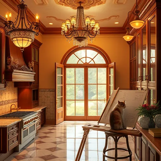 A highly detailed Renaissance-inspired illustration of a miniature luxurious bathroom designed for tiny homes. The scene features an elegant classical interior with marble pillars, gilded moldings, and ornate decor. Compact fixtures include intricately carved small sinks, a vintage rounded bathtub with floral patterns, and a concealed toilet with an antique vanity. Rich jewel-toned silk curtains frame the space, which is illuminated by natural light from an arched window revealing a garden view. The floor boasts a colorful mythological mosaic, adding whimsy, while polished brass fixtures reflect warmth. Romantic Renaissance aesthetics combine with playful elements like tiny vintage bottles on shelves and an ornate clock with Roman numerals. The overall mood is serene, sophisticated, and inspiring, showcasing how clever design maximizes style and grandeur in small bathroom spaces for tiny homes.