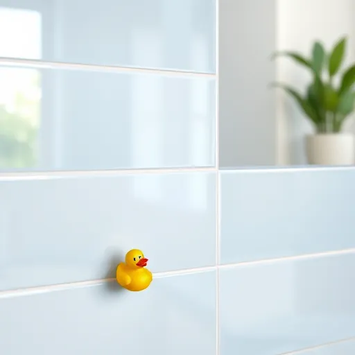 A close-up of glossy ceramic bathroom wall tiles arranged in a modern pattern, featuring subtle variations of cool blue and white shades. The tiles' reflective surface catches soft light, highlighting their smooth texture. Small playful details include a rubber duck peeking from behind the corner, a miniature sponge on the grout line, and tiny soap bubbles perched on the edges, adding whimsy. The softly blurred background reveals a minimalist, spa-like bathroom setting with hints of greenery reflected in the tiles, creating a fresh and relaxing atmosphere. The scene emphasizes the intricate tile textures, light-shadow interplay, and a calming color palette of blues, whites, and greys, blending functional elegance with a charming touch—ideal for interior design inspiration and bathroom decor ideas.