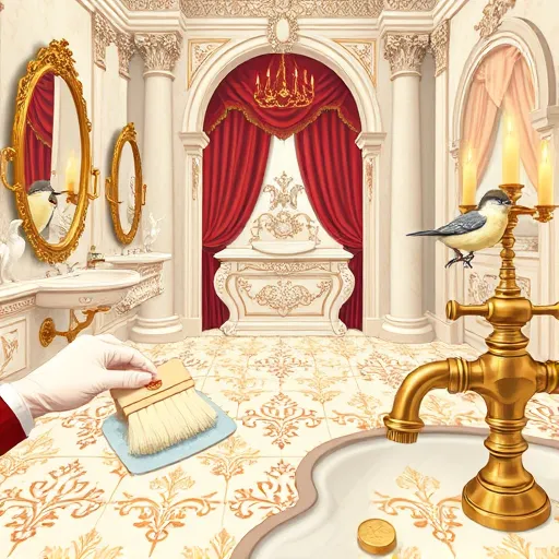 A detailed Renaissance-style illustration of an ornate marble bathroom scene featuring intricately patterned ceramic tiles decorated with motifs like fleur-de-lis, Renaissance scrollwork, and floral designs. Artistic hands, possibly wearing delicate gloves, meticulously polish and clean the tiles with elegant brushes and ornate soap dishes. Surrounding the scene are luxurious gilded mirrors, elaborate brass fixtures, and playful cherubs peeking from corners, creating a regal and whimsical atmosphere. The background showcases a softly lit marble archway with lush drapery and classical columns, evoking timeless sophistication. A curious bird with a painter's palette perched on a faucet adds charm and personality. The scene is bathed in a warm, gentle glow from candle-like light sources, highlighting the rich color palette of golds, deep reds, creamy whites, and pastel blues. Overall, the illustration blends historical artistry with charming details, emphasizing meticulous tile care in a luxurious Renaissance-inspired bathroom setting.