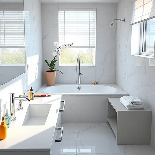 A modern, photorealistic bathroom undergoing remodeling, featuring gleaming marble countertops, glossy ceramic tiles in soft gray and white, and sleek chrome fixtures illuminated by natural light. The open vanity displays organized supplies including bamboo toothbrushes, colorful soap dispensers, and plush folded towels. An unfinished bathtub outline suggests ongoing renovation, accompanied by scattered tools such as a paintbrush, spray bottle, and tape measure, adding a creative workspace vibe. Decorative details include a potted orchid on the windowsill, sunlight filtering through translucent blinds, and a partially unrolled wallpaper roll, evoking a calm and fresh atmosphere. The background reveals a spacious, airy environment with hints of greenery outside the window, emphasizing serenity. Playful accents, like a rubber duck on a shelf and a patterned shower curtain, add personality to the sleek design. The color palette features cool blues, whites, stainless steel, warm wood elements, and vibrant remodeled supplies, creating an inviting, balanced scene of home improvement and renewal.
