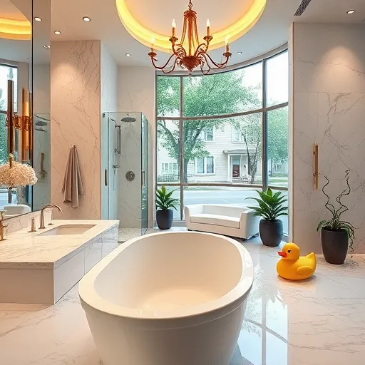 A luxurious bathroom in Ridgewood, New Jersey, rendered in vibrant digital art style, features a spacious, modern design with soft gold, cool blue, and plush white tones. The scene includes sleek marble countertops with intricate veining, a stylish freestanding soaking tub positioned beside a large window offering views of a tree-lined neighborhood street. Golden ambient lighting reflects off glossy surfaces, creating a warm and calming atmosphere. An ornate chandelier hangs overhead, adding opulence, while plush towels and chic accessories suggest comfort. A whimsical vintage rubber duck sits on the tub's edge, blending playful charm with elegant decor. In the background, large frameless glass showers with rain showerheads and botanical accents like potted trailing vines enhance the fresh, serene vibe. Reflective surfaces and mirrors add depth and highlight the craftsmanship of the remodel. The overall aesthetic is calm yet sophisticated, combining modern luxury with inviting coziness, ideal for showcasing upscale bathroom renovations.