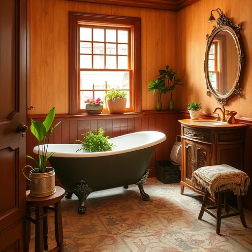 Luxurious Arts and Crafts-style bathroom remodeling scene in Bayonne, New Jersey, showcasing handcrafted wooden cabinetry with intricate leaf and floral carvings, smooth curved lines, and warm earthy tones like terracotta, forest green, and ochre. Features a vintage-inspired clawfoot bathtub decorated with lush greenery and potted plants, alongside an antique vanity with a framed mirror reflecting soft ambient light. Quirky details include a tiny ceramic fox atop an open drawer, a vintage watering can, and hand-stitched textiles draped over a wooden stool. The textured patterned tile flooring displays geometric motifs in natural colors, complemented by vintage brass fixtures with a patina finish. A window reveals flowering window boxes and a charming Jersey neighborhood street, evoking a cozy, nostalgic atmosphere ideal for artisanal and handcrafted bathroom design.