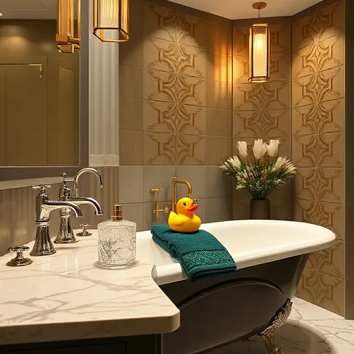 A luxurious Art Deco-inspired bathroom featuring symmetrical, chrome faucets and a vintage-style clawfoot tub with detailed metallic accents. The shimmering gold-accented tiled walls display bold geometric motifs, complemented by a marble countertop with angular edges holding crystal bottles and decorative vases. Warm, geometric light fixtures cast a soft glow across the textured surfaces, highlighting the room's elegant lines. Playful touches include a whimsical rubber duck on the tub edge and rich jewel-toned towels in emerald green and deep sapphire blue, creating a striking contrast against the sophisticated backdrop. The design combines vintage glamour with modern sleekness, using a palette of golds, deep blues, and polished silvers to evoke timeless luxury and refinement in an upscale bathroom setting.