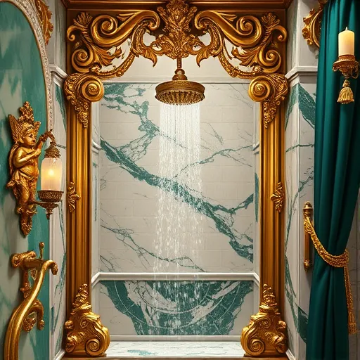 A luxurious Baroque-style bathroom shower remodel featuring an ornate gilded shower enclosure with swirling rococo motifs and gold leaf accents. Inside, a vintage brass showerhead with floral engravings sprays water in a gentle, lively cascade. Surrounding the shower are rich emerald and alabaster marble walls with dramatic veining, adorned with elaborate scrolling patterns, sculptural flourishes, cherubic figures, and playful foliage carvings. A tiny mythical creature-shaped faucet peeks from a corner, and shimmering bubbles add a whimsical touch. The background showcases a grand, candlelit chamber with opulent velvet drapery in emerald and gold, fringed with tassels, and richly textured wallpaper, evoking an atmosphere of antique splendor and indulgence. Warm golds, deep greens, and creamy whites highlight the intricate details of this grand, whimsical Baroque bathroom design.