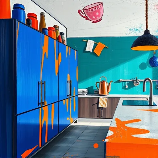 A vibrant, intricately decorated eco-friendly kitchen remodel in Hudson County, New Jersey, styled in Traditional African Art. The spacious kitchen features bold geometric patterns and swirling motifs inspired by African textiles and beadwork on the walls and cabinets. A large, handcrafted wooden table with carved patterns is surrounded by minimalist stools in earthy tones. Sustainable appliances wrapped in woven bamboo and colorful clay tiles highlight eco-conscious design. Green potted plants with stylized, exaggerated leaves hang from baskets, emphasizing sustainability. Windows showcase a lively Hudson County cityscape depicted with vibrant, abstract shapes, suggesting urban eco-awareness. Playful details include miniature animal figurines made from reclaimed materials on shelves and woven baskets filled with fresh exotic fruits and vegetables. The warm color palette of rich browns, deep reds, vibrant oranges, lush greens, and accent hues of cobalt blue and sunny yellow conveys warmth and vitality. The scene balances eco-innovation with cultural richness and community vibrancy, exuding creativity, environmental mindfulness, and a celebration of heritage within a modern, sustainable culinary space.