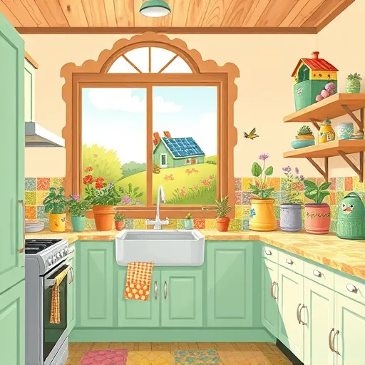Folk Art-style illustration of an eco-friendly kitchen remodel in Montclair, New Jersey, featuring reclaimed wood cabinets painted in pastel mint green, lavender, and yellow with hand-painted floral motifs. Vintage-inspired tile backsplashes with lively, irregular patterns adorn the walls. Colorful, recycled-material countertops complement eco-friendly appliances decorated with decorative patterns. A large window with scalloped wooden trim floods the cozy space with warm sunlight, illuminating potted herbs—basil, mint, and thyme—with playful, smiling leaves on floating shelves. In the background, a whimsical roof displays an artistically integrated solar panel atop a rolling hill dotted with wildflowers and stylized birds. A quirky corner showcases a smiling animal-shaped compost bin with bright patterned patches, emphasizing sustainable living. The scene exudes warmth, harmony, and a community spirit through lively earth tones, mellow greens, and pops of pastel blues and pinks, capturing a charming, eco-conscious kitchen renovation with playful craftsmanship.