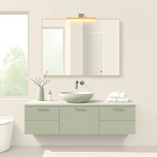 A minimalist illustration of a contemporary Ridgewood, New Jersey bathroom featuring sleek, clean lines and regional charm. The design includes a matte-finish vanity with a modern vessel sink and minimalist faucet in neutral shades of sage green, warm gray, and white. A large frameless mirror with soft backlighting reflects subtle suburban touches like potted succulents and vintage soap dispensers. Quirky details include a small abstract lighthouse sculpture on the countertop and neatly folded towels with patterns inspired by New Jersey coastal architecture. The background showcases natural light streaming through frosted glass windows, revealing lush greenery outside, creating a tranquil, spa-inspired ambiance. The space is calm, inviting, and characterized by functional elegance, blending regional character with modern minimalism through a soothing color palette of muted greens, soft beiges, and crisp whites.