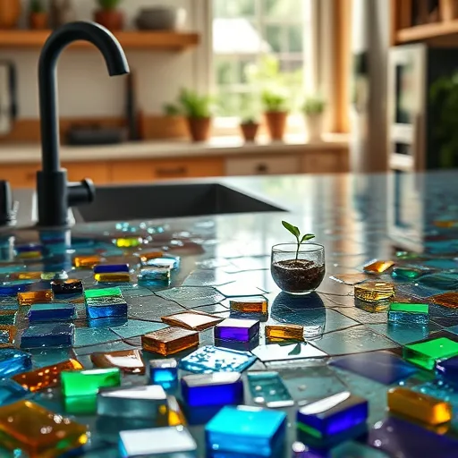 A detailed digital illustration of a charming ceramic tile kitchen floor featuring an intricate mosaic pattern with swirling floral motifs and geometric shapes. The colorful tiles are in deep cobalt blue, sunny yellow, warm terracotta, soft turquoise, and crisp white, creating a lively and sophisticated atmosphere. The ceramic surface shows tactile texture with subtle reflections and a slight gloss that highlights craftsmanship. Scattered on the floor are small, playful elements such as sprigs of herbs, a vintage steaming teacup, and a quirky tile with a whimsical face peeking out from the pattern, adding personality and charm. The background hints at a cozy kitchen setting with rustic wooden cabinets, a vintage oven, and a breakfast nook, all softly blurred to emphasize the vibrant, lively mosaic floor. The scene evokes warmth, nostalgia, and welcoming energy, blending realism with stylized digital art to showcase detailed textures, vivid colors, and a charming, inviting homey atmosphere.