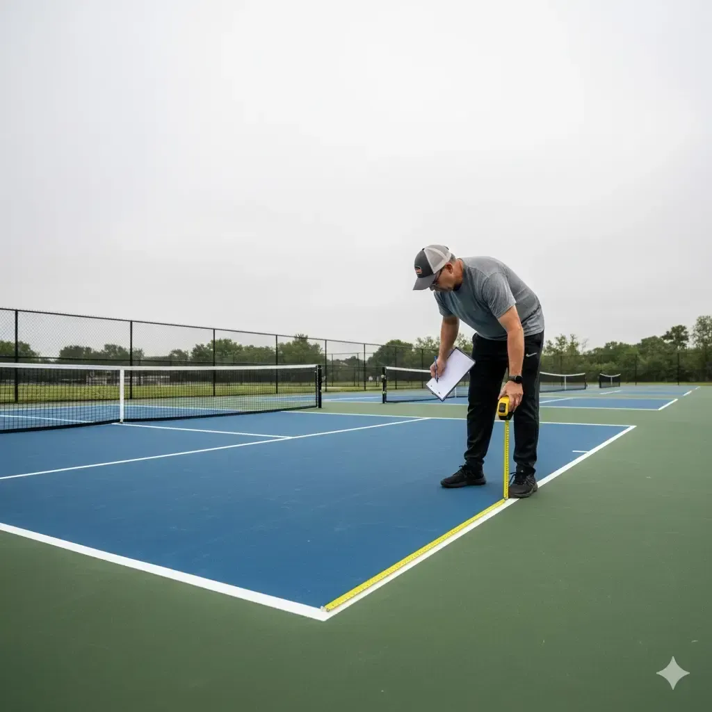image of a man on a pickleball court doing measurements