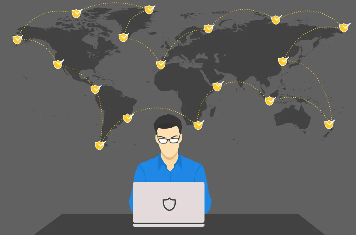 Illustration of a person using a laptop with a shield icon, symbolizing cybersecurity, and a world map in the background with connected shields representing global online security.