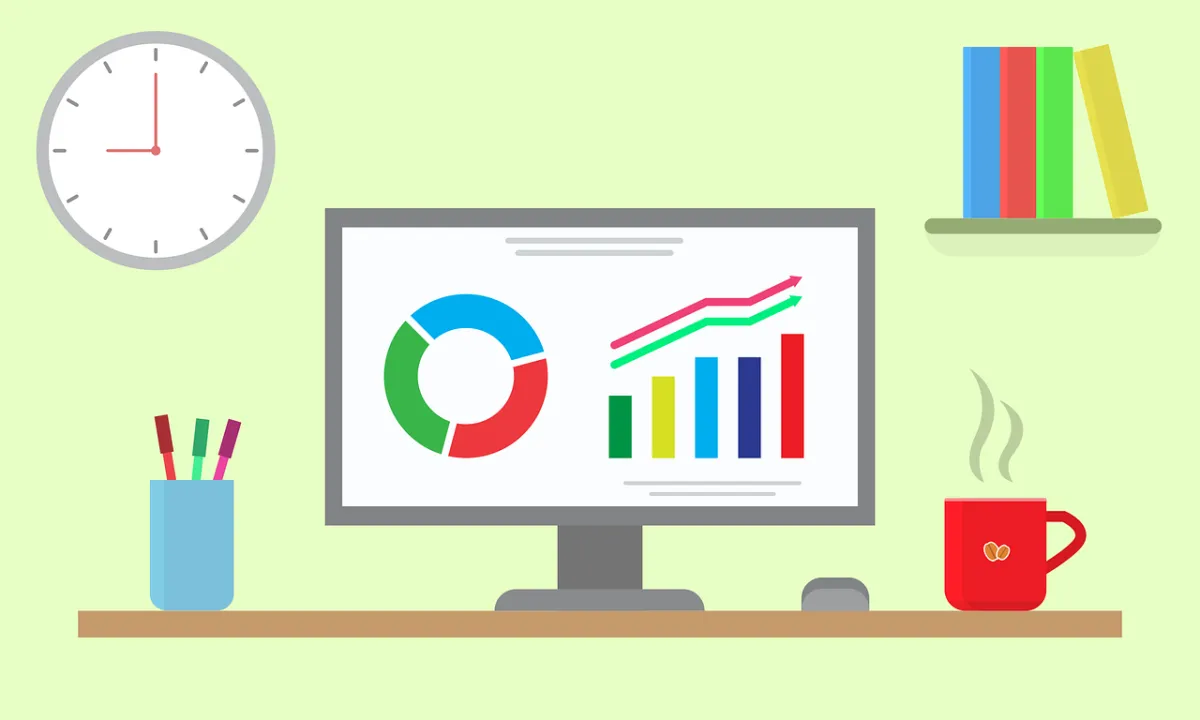 Illustration of a workspace with a computer displaying colorful charts and graphs, surrounded by a clock, books, a pen holder, and a steaming coffee mug, symbolizing productivity and analytics.