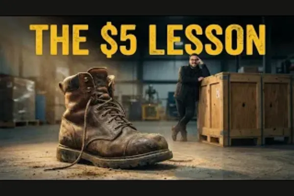 $5 Lesson. Large boot in a warehouse.