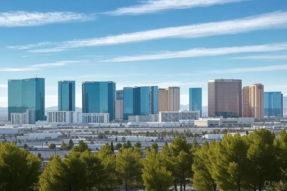 A vibrant skyline view of Las Vegas and Henderson, Nevada, showcasing modern buildings and a bright, sunny atmosphere, highlighting the cities' appeal for living and investing.