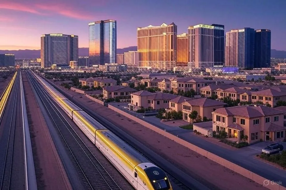 Las Vegas real estate market 2025 outlook featuring iconic landmarks, luxury homes, and infrastructure development under a vibrant sunset sky