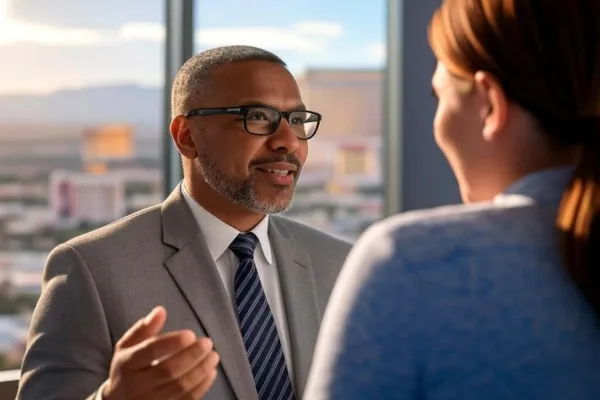 A professional in a suit gesturing while speaking to a person in a blue top, with a cityscape view of Las Vegas featuring buildings and mountains in the background, representing a discussion on Nevada Bills AB451 and AB530 impacting real estate in Las Vegas and Henderson.