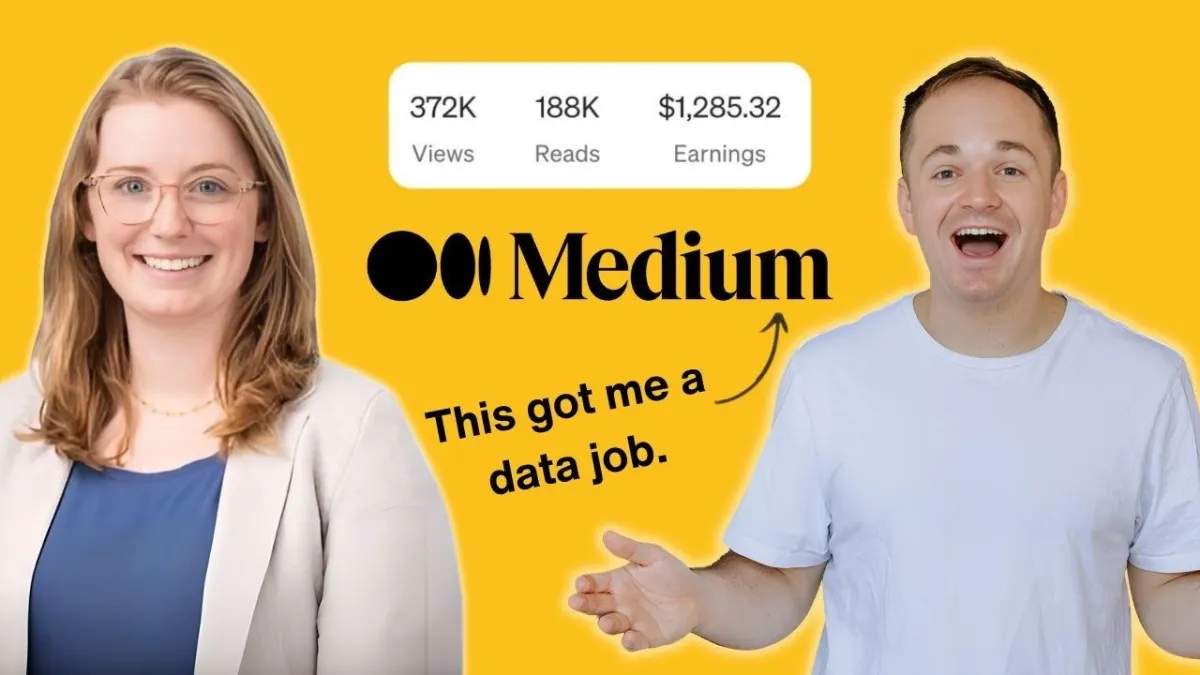 Megan Bowers and Avery Smith discussing how blogging led to a data job, with statistics showcasing views, reads, and earnings.