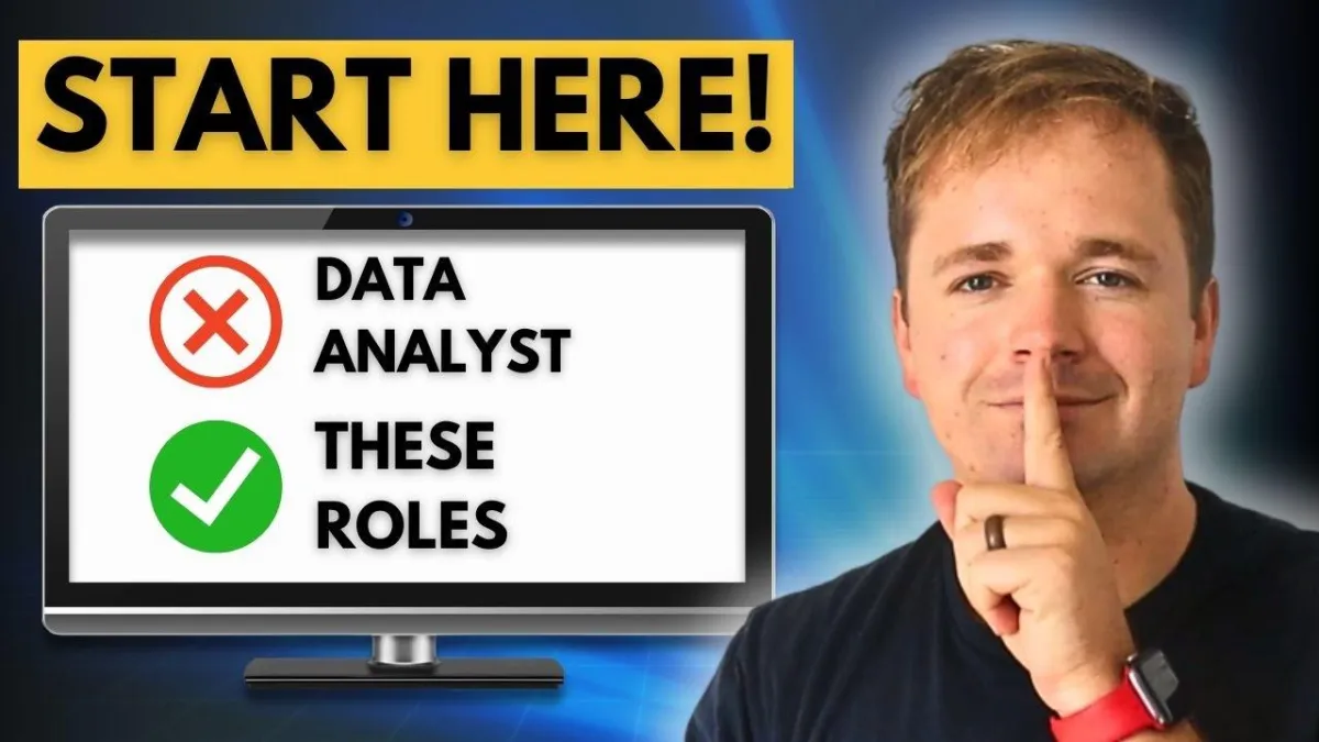 Image depicting a computer screen with the text 'Data Analyst' crossed out and 'These Roles' highlighted, encouraging viewers to explore overlooked entry-level data job titles.
