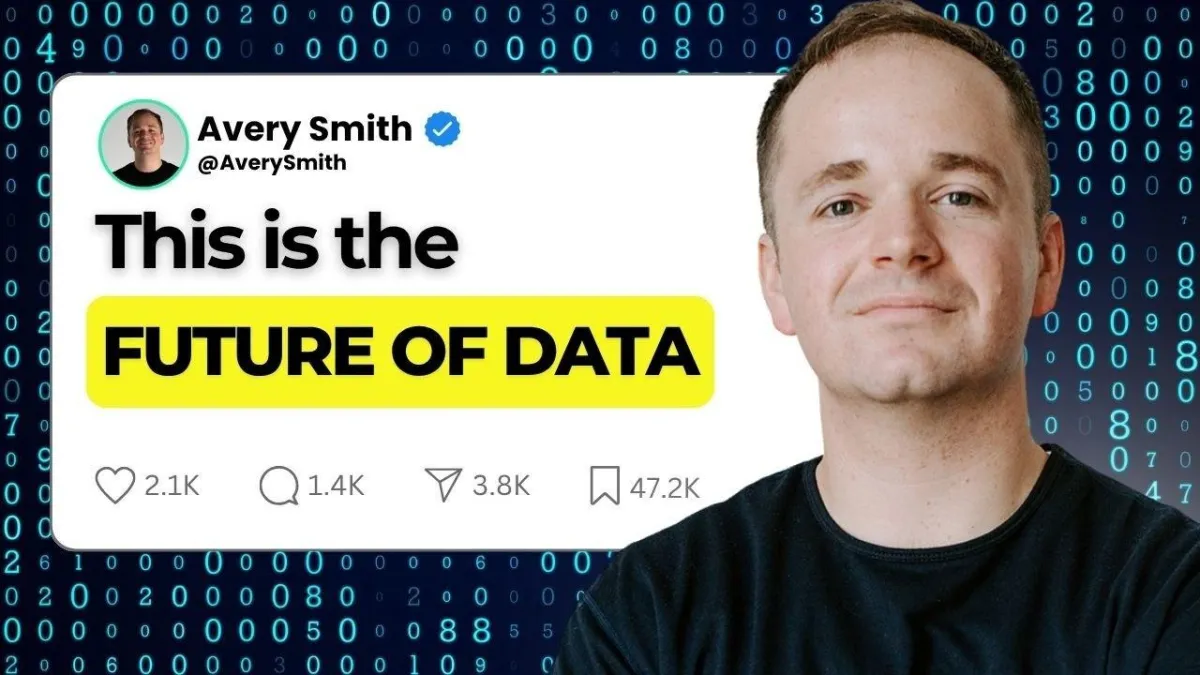 Avery Smith discussing the future of data analysis with a digital background featuring binary code, emphasizing AI's role in transforming the analytical landscape.