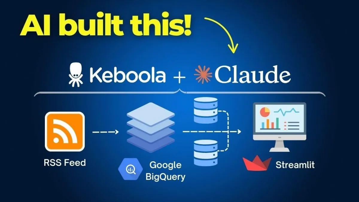 Illustration of AI tools and data pipeline integration using Keboola and Claude for efficient data engineering.
