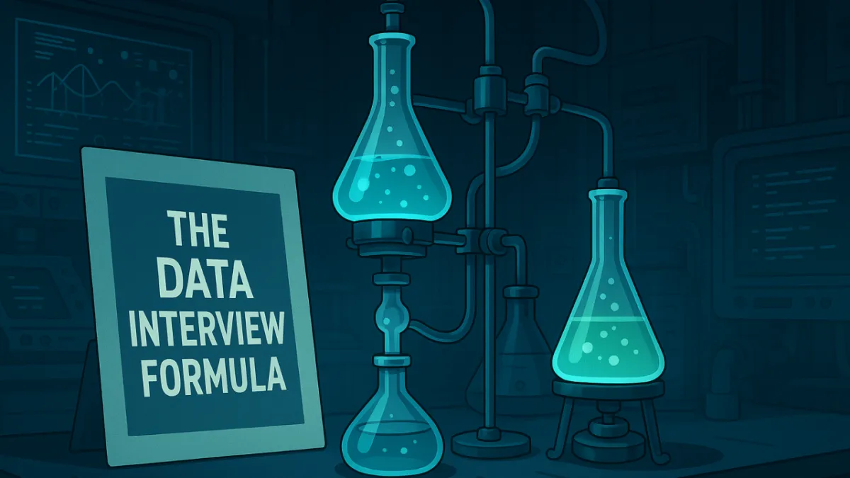 Illustration of The Data Interview Formula displayed on a sign in a lab setting, emphasizing key variables for securing data job interviews.