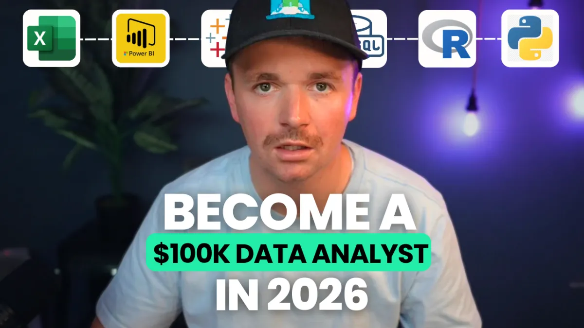 Avery Smith discussing how to become a $100K data analyst in 2026, showcasing essential tools like Excel, Power BI, and SQL.